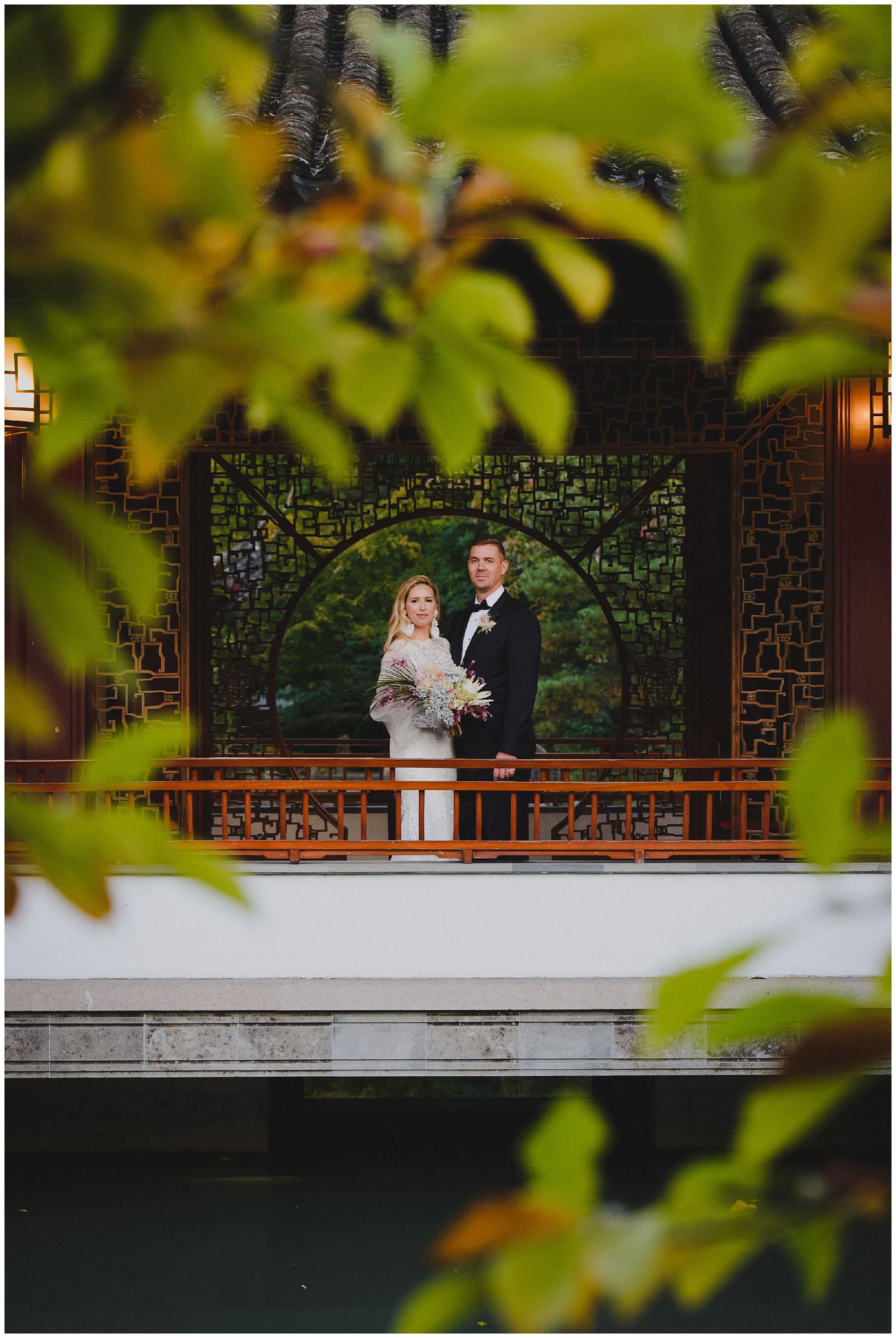 Bride and Groom at sunset after their wedding ceremony at Dr. Sun Yat-Sen Classical Chinese Gardens, elopement, intimate wedding, mature bride and groom