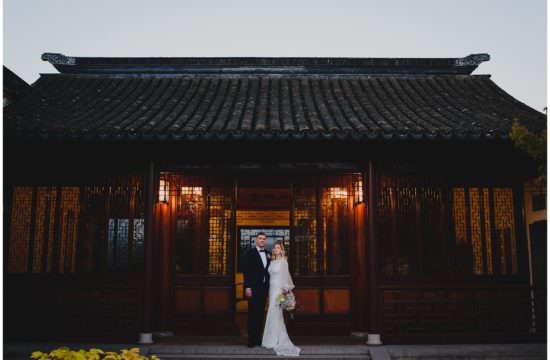 stylish bride and groom at sunset after their wedding ceremony at Dr. Sun Yat-Sen Classical Chinese Gardens, elopement, intimate wedding, candid wedding photography, sunset wedding photography