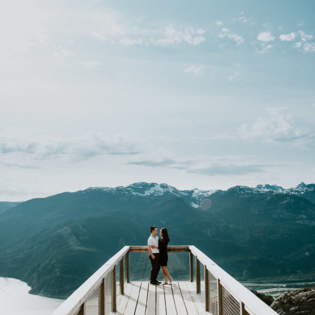 engagement photos on sunny day at Sea to Sky Gondola Squamish BC, best Vancouver wedding photographer