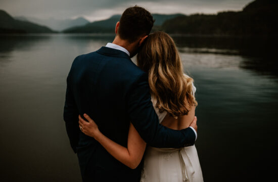 bride and groom on dock at Discovery Islands Lodge on Quadra Island